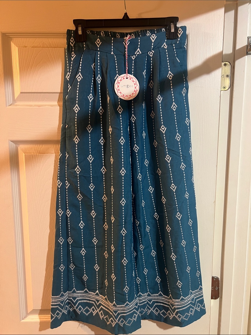 Umgee Teal Maxi Skirt with White Geometric Print
